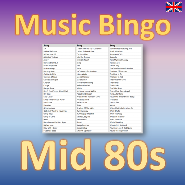 Get ready to go back in time with our “Mid 80s Music Bingo”! This exciting music bingo game features 30 hits from the years 1983 to 1986, including iconic songs from artists like a-Ha, Madonna, and Duran Duran.