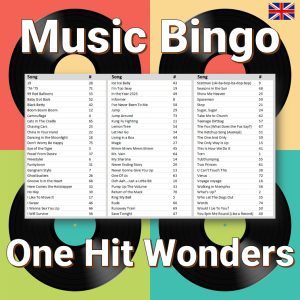 Introducing “One Hit Wonders Music Bingo” – the ultimate music game for those who love to reminisce and discover forgotten gems! This music bingo features 30 one-hit wonders from various genres and decades. From catchy tunes that ruled the airwaves for a brief moment to lesser-known tracks that deserve a second chance, this bingo game has it all.
