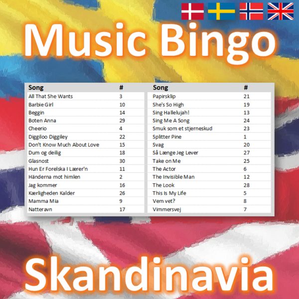 Introduce some Scandinavian flair to your next game night with our “Scandinavia Music Bingo”! With 30 handpicked songs from the best of Scandinavian artists, you’ll experience a unique musical journey through Denmark, Sweden and Norway. Each bingo card features a different combination of these catchy tunes, so no two games will ever be the same!