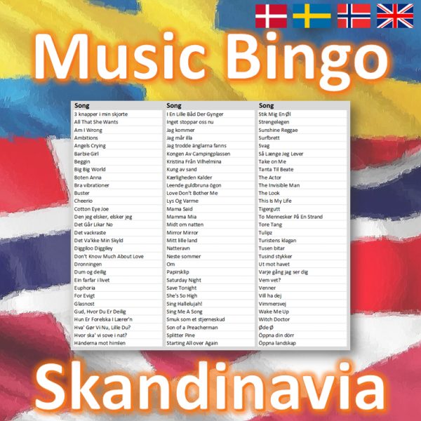 Introduce some Scandinavian flair to your next game night with our “Scandinavia Music Bingo”! With 30 handpicked songs from the best of Scandinavian artists, you’ll experience a unique musical journey through Denmark, Sweden and Norway. Each bingo card features a different combination of these catchy tunes, so no two games will ever be the same!