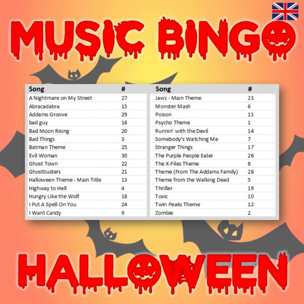 Get into the spooky spirit with our “Halloween Music Bingo”! This edition includes 30 bone-chilling songs to set the mood, from classics like “Monster Mash” to modern hits like “Thriller.”