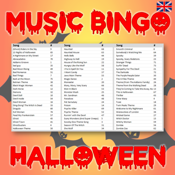 Get into the spooky spirit with our “Halloween Music Bingo”! This edition includes 30 bone-chilling songs to set the mood, from classics like “Monster Mash” to modern hits like “Thriller.”