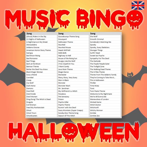 Get into the spooky spirit with our “Halloween Music Bingo”! This edition includes 30 bone-chilling songs to set the mood, from classics like “Monster Mash” to modern hits like “Thriller.”