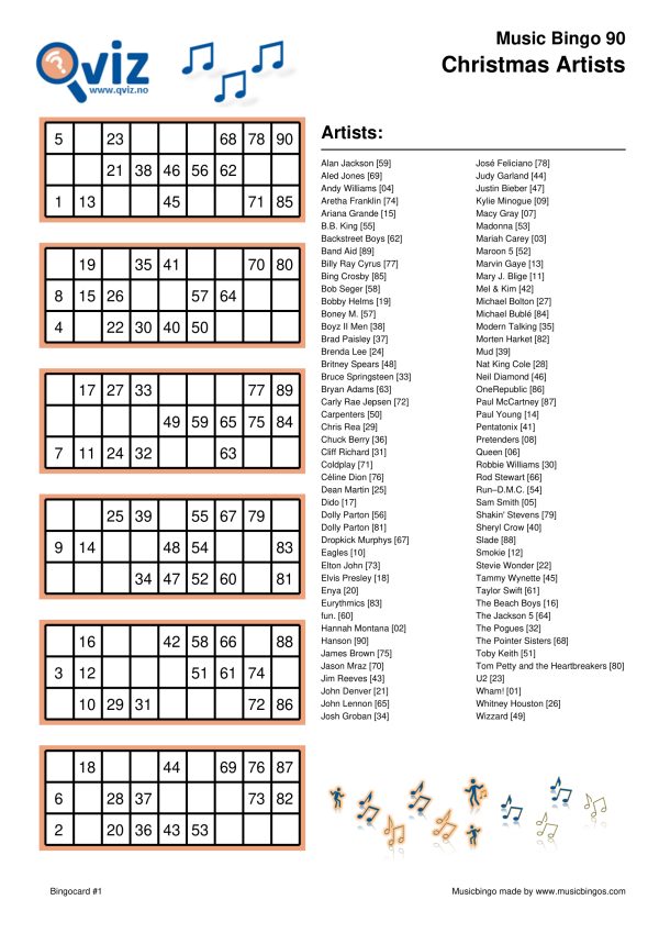 Christmas Artists - Music Bingo 90 - Image 3