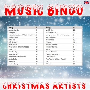 Get into the holiday spirit with our Music Bingo game featuring 30 Christmas songs from 30 different artists! Our product includes a PDF file with 100 unique bingo boards and a songlist, as well as a Spotify playlist featuring all the songs from the game. With our Music Bingo game, you can enjoy the festive tunes while also having a great time with family and friends.