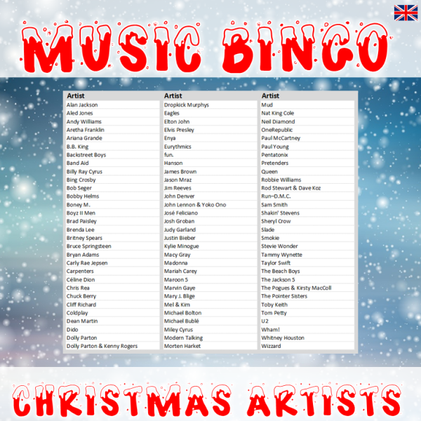 Get into the holiday spirit with our Music Bingo game featuring 30 Christmas songs from 30 different artists! Our product includes a PDF file with 100 unique bingo boards and a songlist, as well as a Spotify playlist featuring all the songs from the game. With our Music Bingo game, you can enjoy the festive tunes while also having a great time with family and friends.