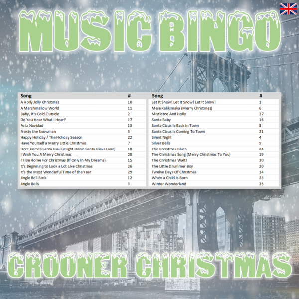 Get in the festive mood with our “Crooner Christmas Music Bingo” game! Featuring 30 classic Christmas songs from crooner legends like Frank Sinatra, Dean Martin, and Nat King Cole, this game will keep you entertained all season long.