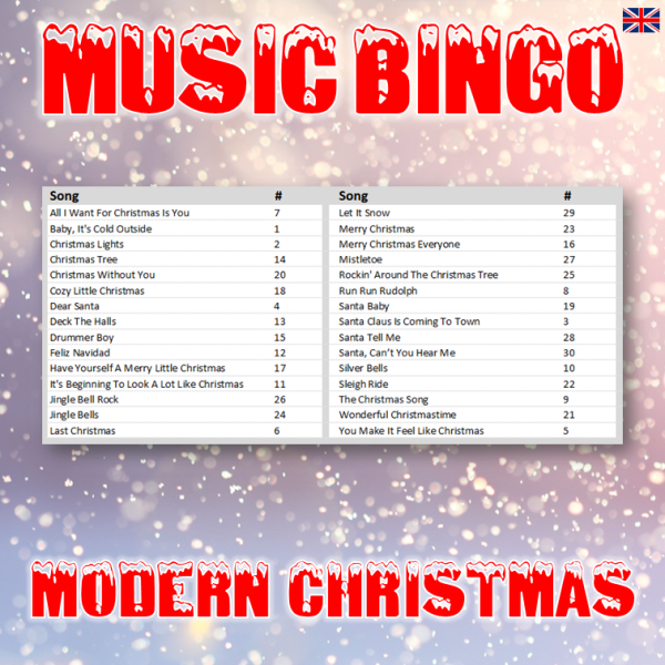 Get into the festive spirit with “Modern Christmas Music Bingo”! This music bingo game features 30 classic Christmas songs that have been reimagined in modern versions.