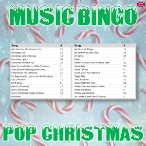Get in the holiday spirit with “Pop Christmas Music Bingo”! This fun and festive music bingo game features 30 pop Christmas songs by some of the biggest artists of today. From Ariana Grande to Justin Bieber, this music bingo game has all your favorite modern holiday hits.