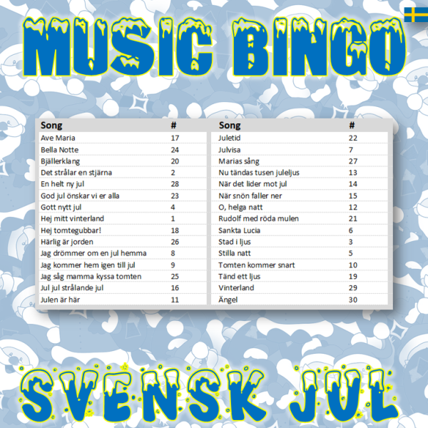 Looking for a fun way to celebrate the holidays with your friends and family? Look no further than our Swedish Christmas Music Bingo! Featuring 30 beloved Christmas songs by Swedish artists, this bingo game is perfect for getting into the festive spirit.