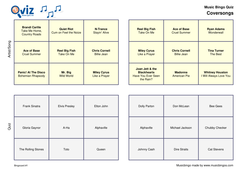 Coversongs - Music Bingo Quiz 30 - Qviz Musicbingos