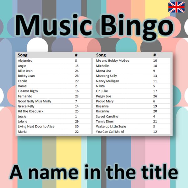 Looking for a fun and unique twist on the classic game of bingo? Look no further than our Music Bingo with a name in the title theme! Featuring 90 hit songs that all have a name in the title, our game will have you and your friends singing along and having a blast.