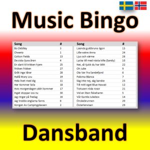 Bring the fun of music bingo to your next event with Dansband Music Bingo! Featuring 30 lively songs from Scandinavian folk dance artists, this game is perfect for getting your guests up and moving.