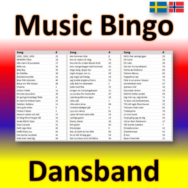 Bring the fun of music bingo to your next event with Dansband Music Bingo! Featuring 30 lively songs from Scandinavian folk dance artists, this game is perfect for getting your guests up and moving.