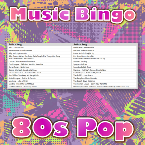 Are you ready to relive the glory days of the 1980s? "80s Pop Music Bingo" is the perfect way to do just that!