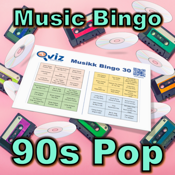 Bring the nostalgia of the 90s into your game night with our 90s Pop Music Bingo! Featuring 30 of the catchiest pop hits from the decade, our game will have you and your friends singing and dancing along all night long.