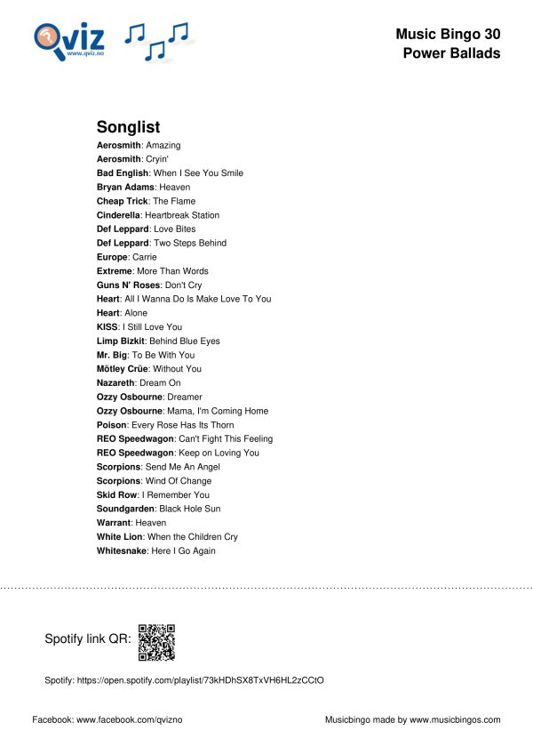 Power Ballads - Music Bingo 30 - Image 4