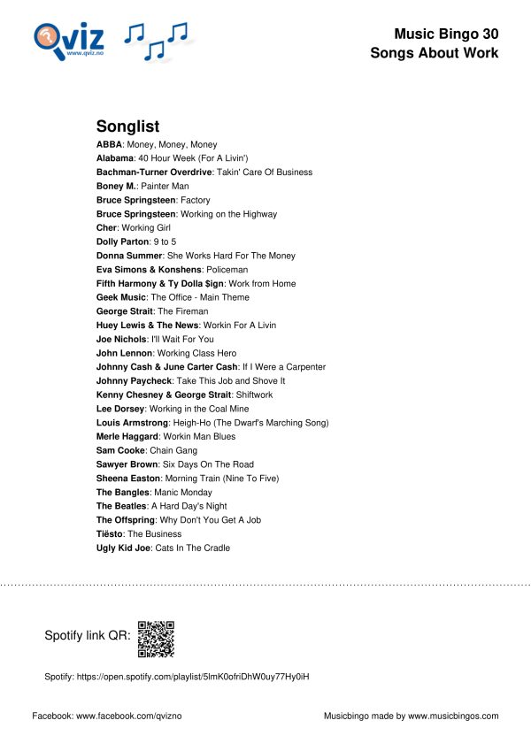 Songs about Work - Music Bingo 30 - Image 4