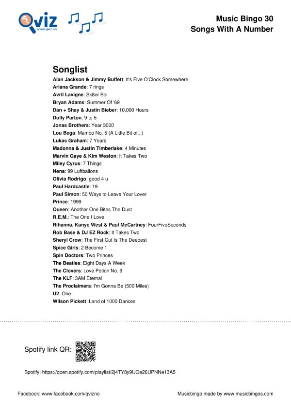 Songs with a Number - Music Bingo 30 - Image 4