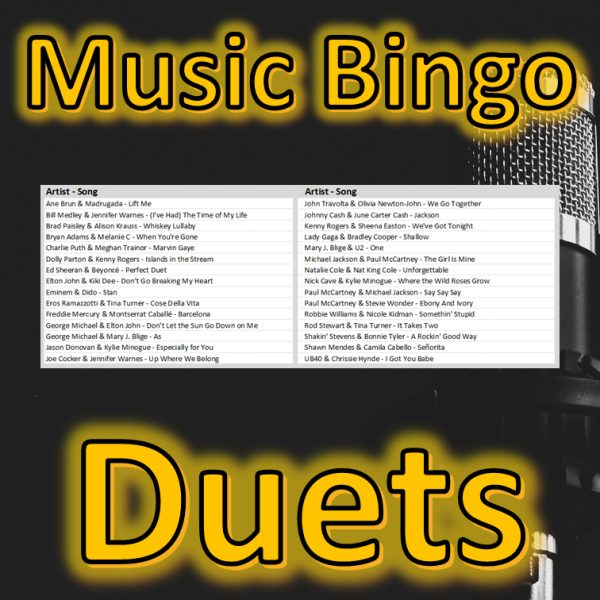 Introducing “Duets Music Bingo” – the ultimate game for music lovers who appreciate the magic that happens when two artists come together to create something special.