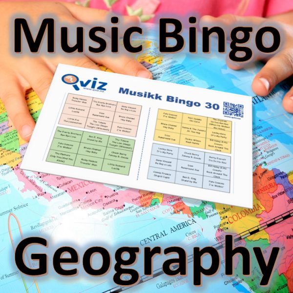 Get ready to travel the world with “Geography Music Bingo”! This game features 30 popular songs with a named place, city, or country in the title, such as “New York, New York” and “London Calling”.