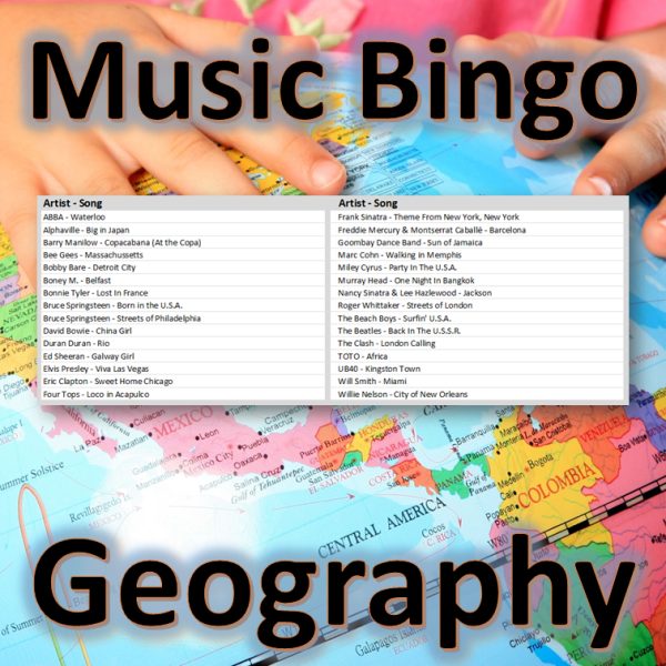Get ready to travel the world with “Geography Music Bingo”! This game features 30 popular songs with a named place, city, or country in the title, such as “New York, New York” and “London Calling”.
