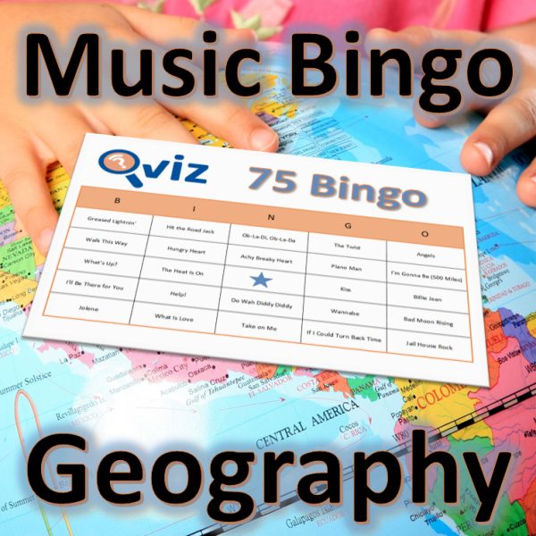 Get ready to travel the world with “Geography Music Bingo”! This game features 30 popular songs with a named place, city, or country in the title, such as “New York, New York” and “London Calling”.