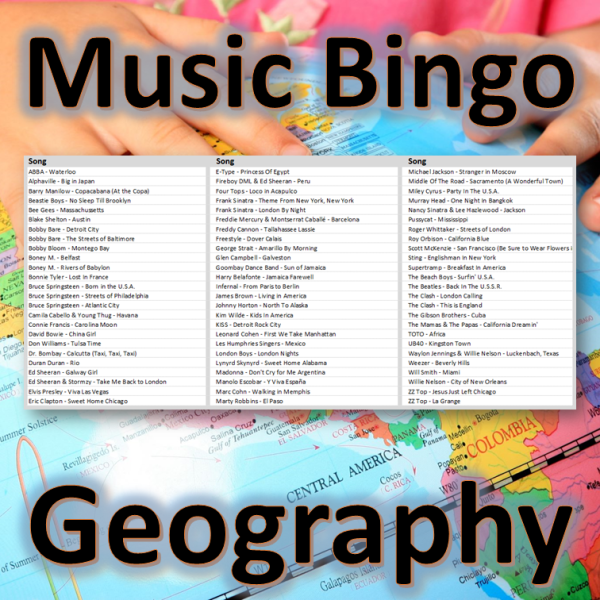 Get ready to travel the world with “Geography Music Bingo”! This game features 30 popular songs with a named place, city, or country in the title, such as “New York, New York” and “London Calling”.