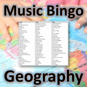 Get ready to travel the world with “Geography Music Bingo”! This game features 30 popular songs with a named place, city, or country in the title, such as “New York, New York” and “London Calling”.