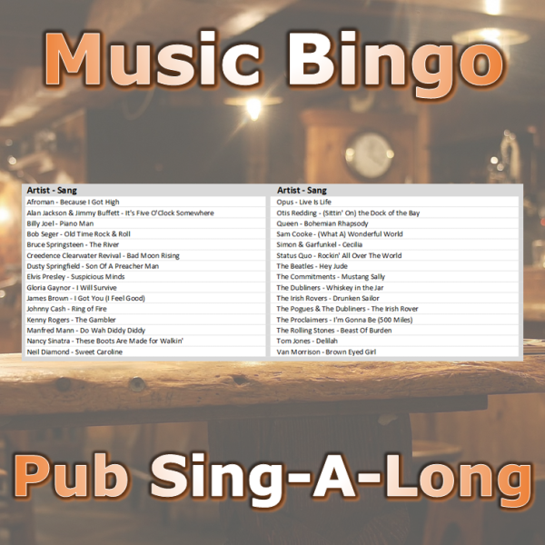 Introducing the perfect addition to any pub night or gathering - the "Pub Sing-a-Long Music Bingo"! With 30 classic sing-a-long songs, this music bingo will have everyone tapping their feet and belting out the tunes.