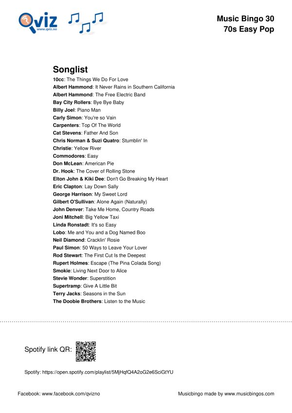 70s Easy Pop - Music Bingo 30 - Image 3