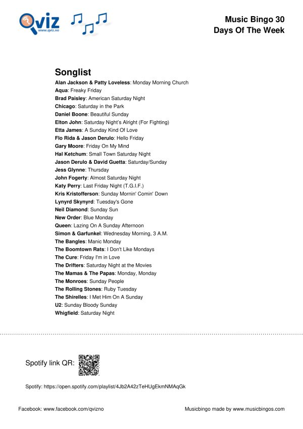 Days of the Week - Music Bingo 30 - Image 3