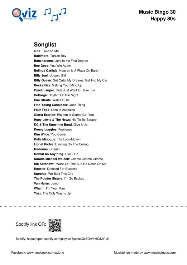 Happy 80s - Music Bingo 30 - Image 3