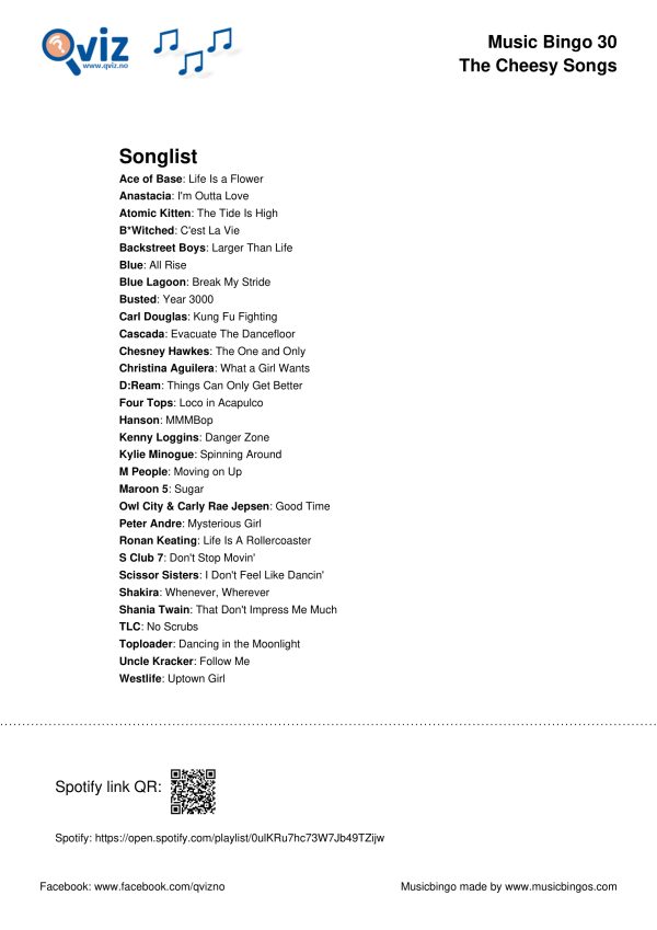 The Cheesy Songs - Music Bingo 30 - Image 3
