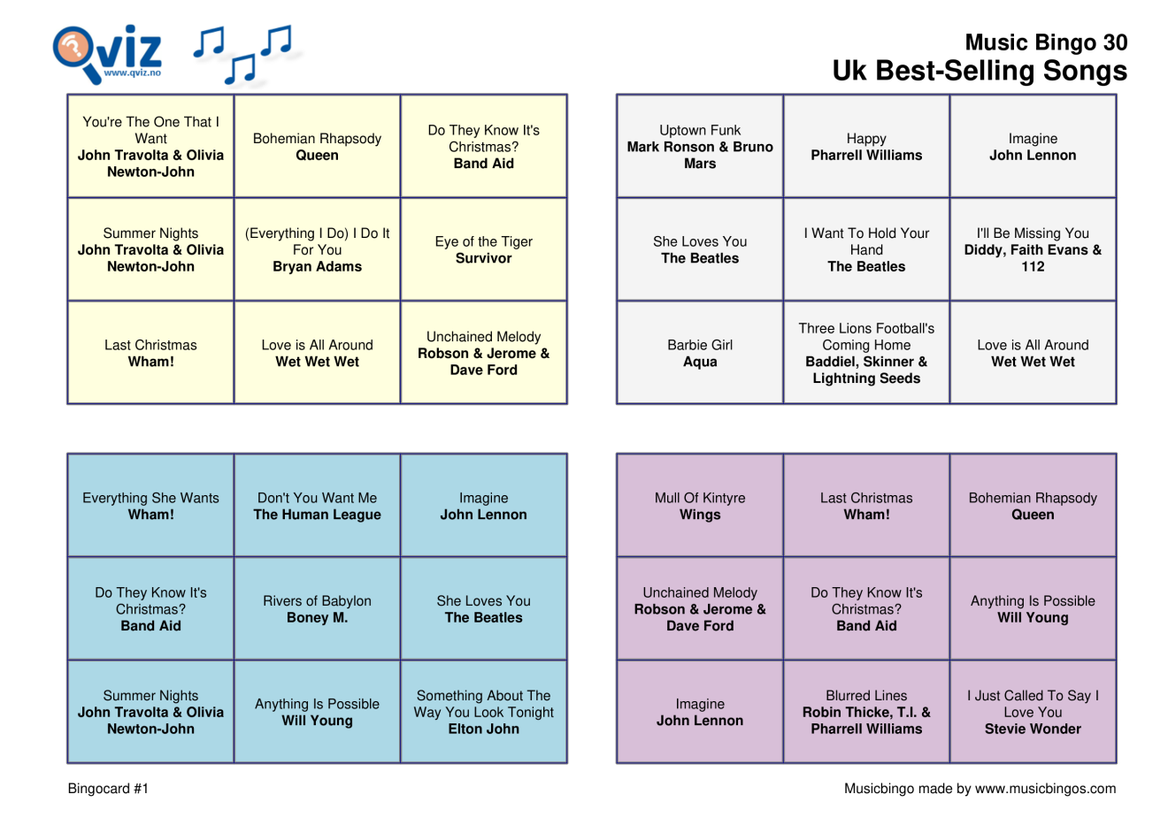 UK bestselling songs of all time Music Bingo 30 Qviz Musicbingos