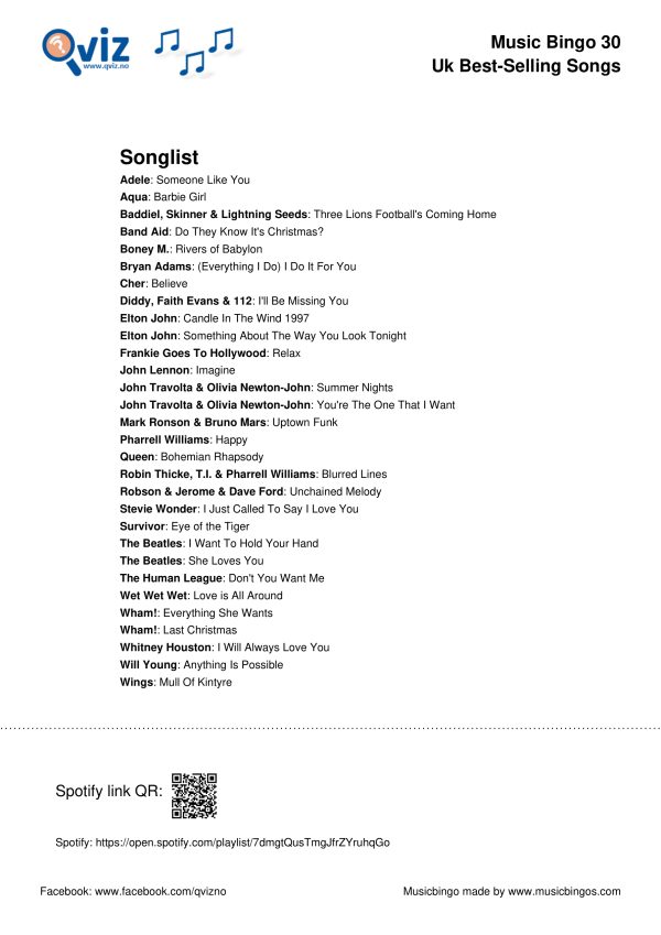 UK best-selling songs of all time - Music Bingo 30 - Image 3