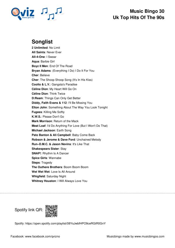 UK Top Hits of the 90s - Music Bingo 30 - Image 3
