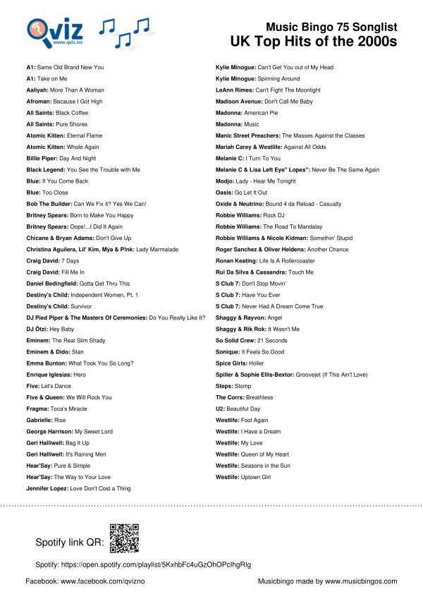 UK Top Hits of the 2000s - Music Bingo 75 - Image 3