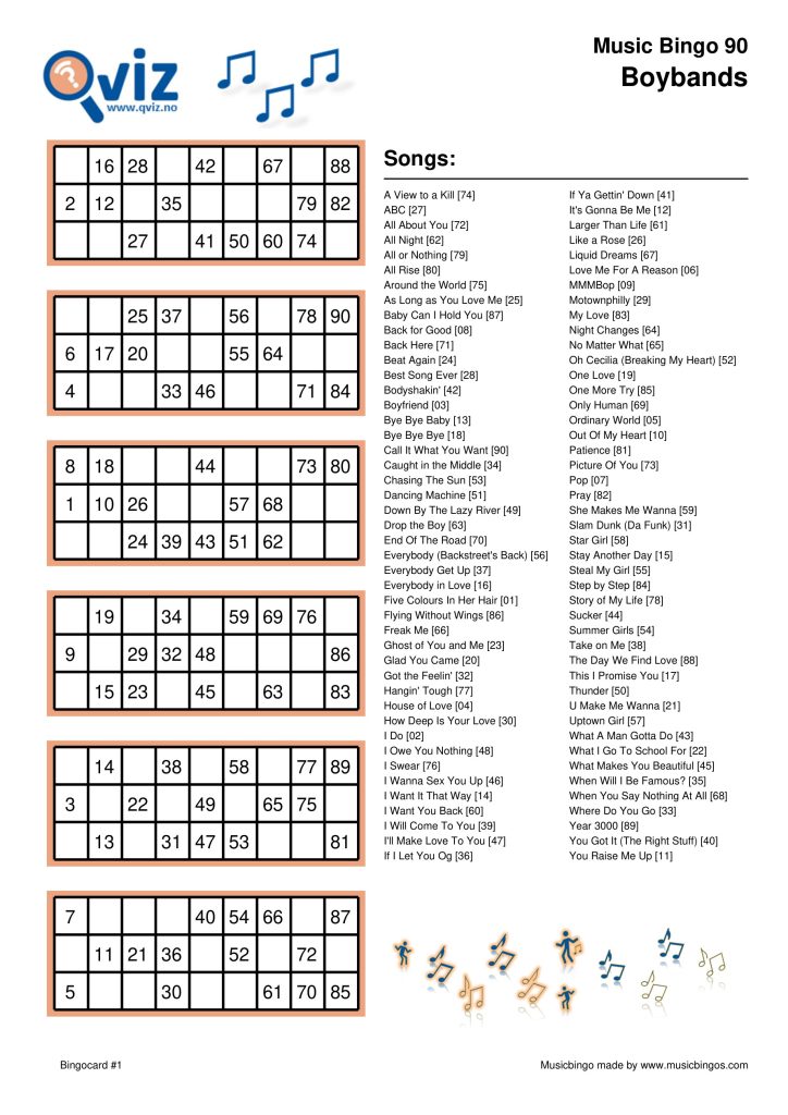Example music bingo board for music bingo 90