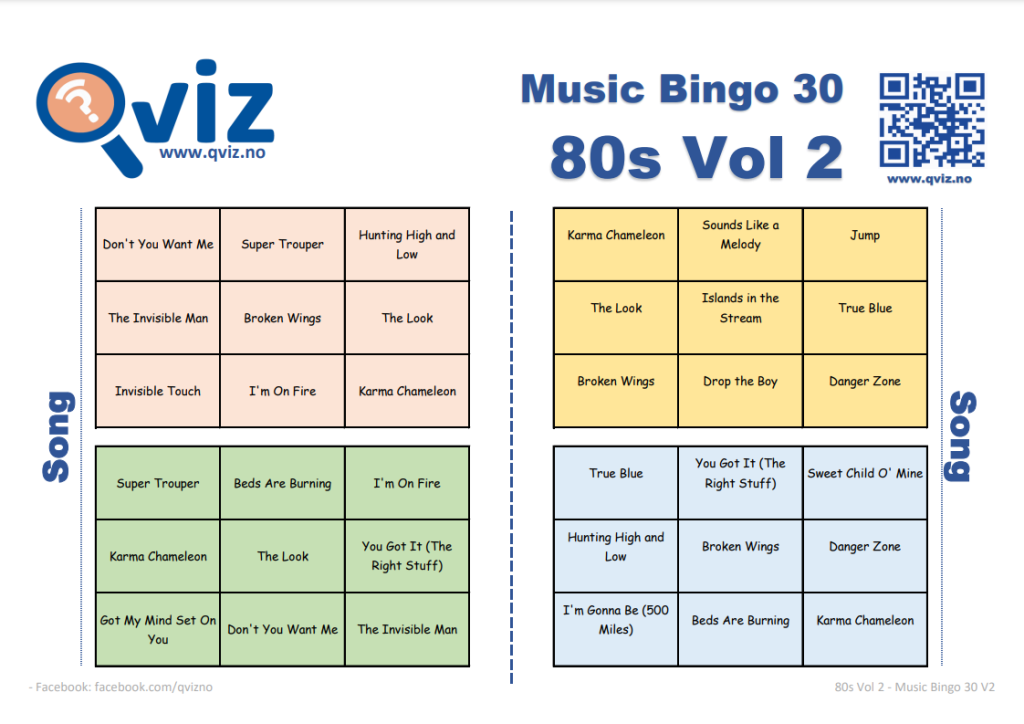 Example music bingo board for music bingo 30