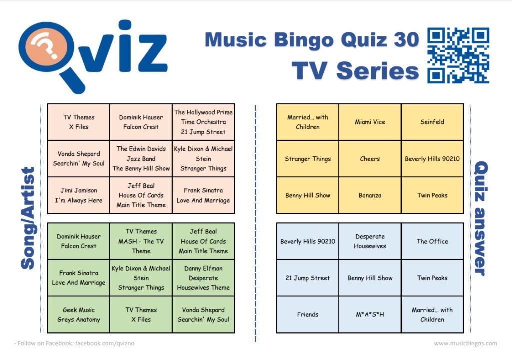 Example music bingo board for music bingo 30 quiz