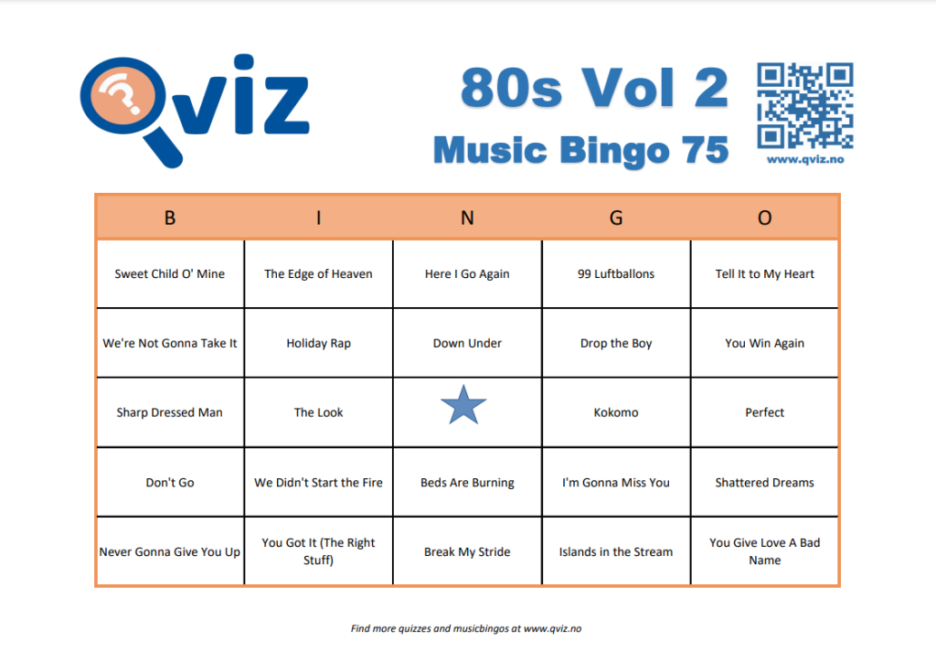 Example music bingo board for music bingo 75