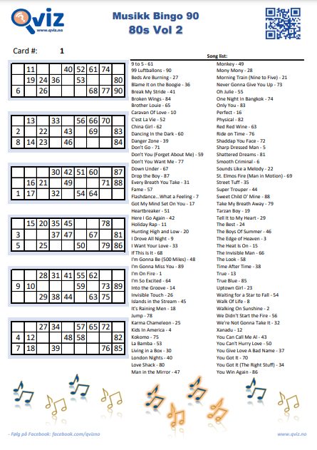 Example music bingo board for music bingo 90