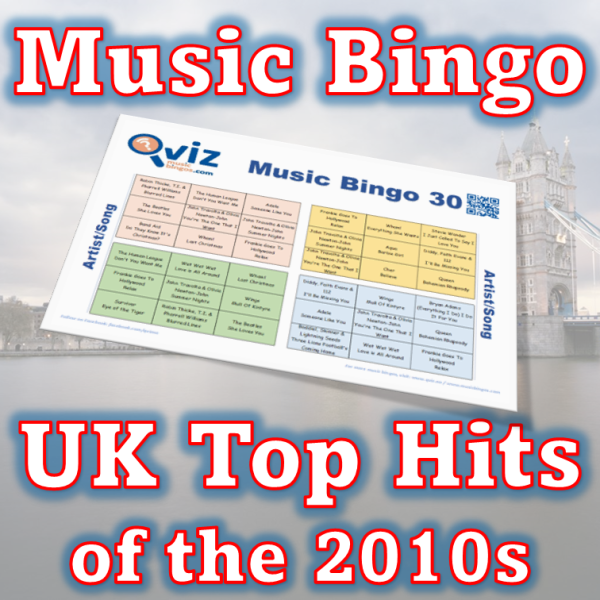 Get ready to relive the greatest era of music with our "UK Top Hits of the 2010s" music bingo game! Featuring 30 of the top 2010s songs in the UK.