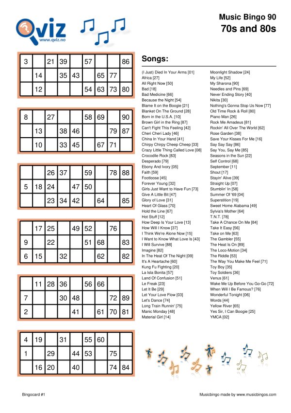 70s and 80s - Music Bingo 90 - Image 2