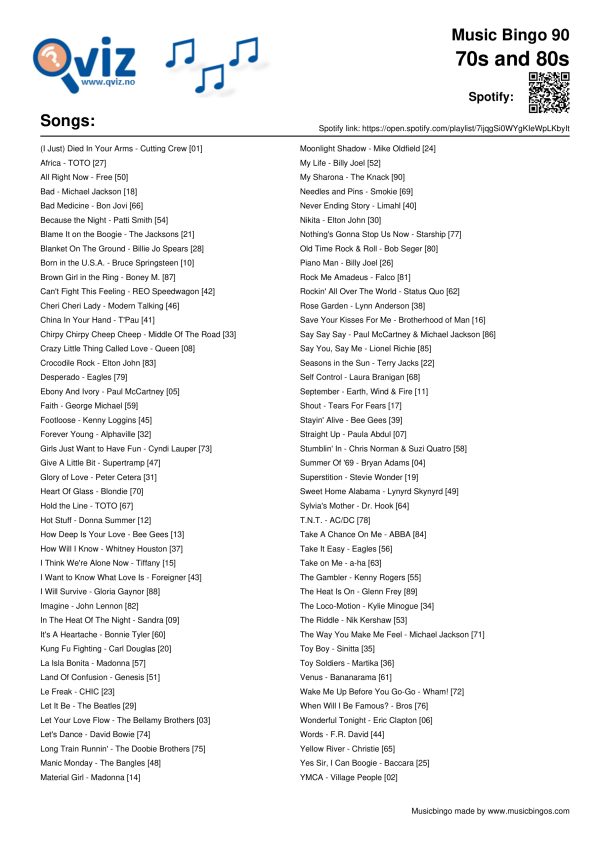 70s and 80s - Music Bingo 90 - Image 3