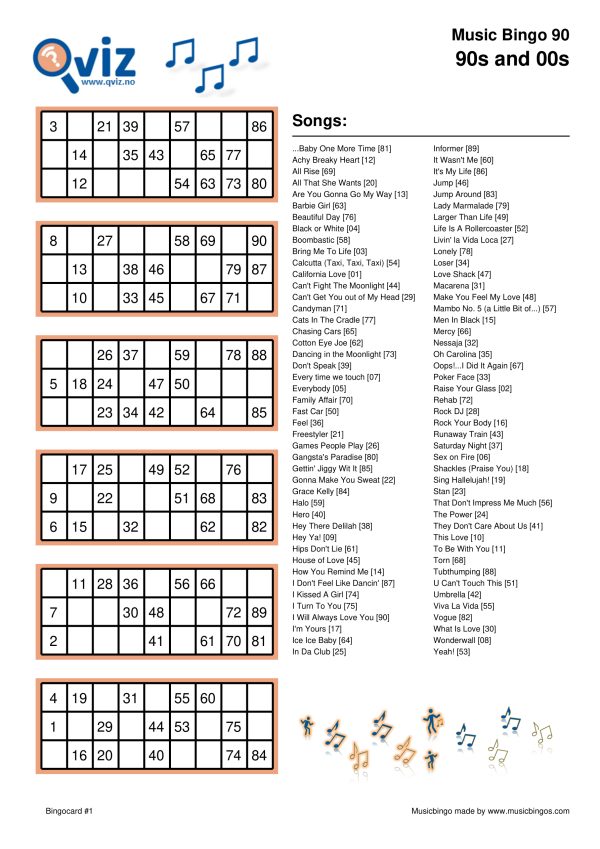 90s and 00s - Music Bingo 90 - Image 2