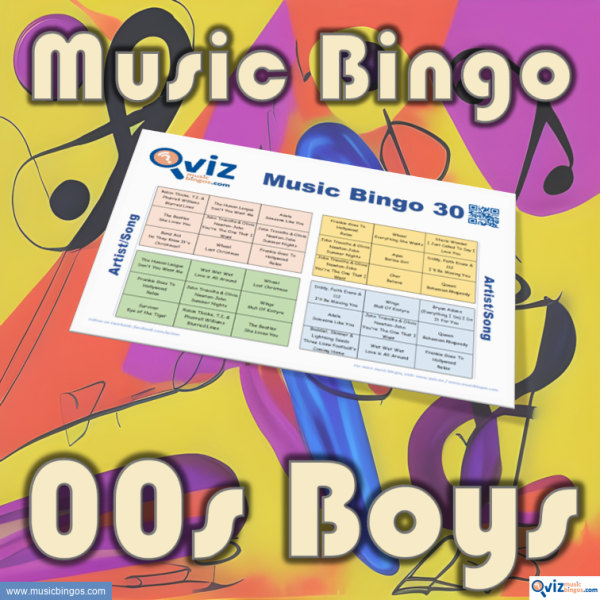 Music bingo with 30 songs from the 2000s performed by male artists. PDF file with 100 bingo boards and link to Spotify playlist is included.