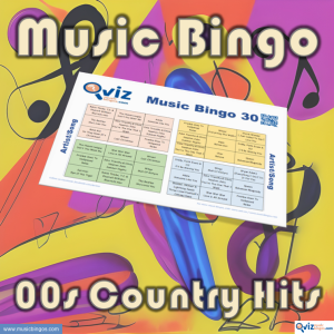 Music bingo with 30 country songs from the 2000s. PDF file with 100 bingo boards and link to Spotify playlist is included.