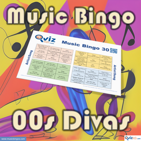 Music bingo with 30 songs from the 2000s performed by female artists. PDF file with 100 bingo boards and link to Spotify playlist is included.